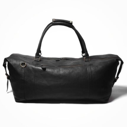Personalized Men’s Travel Duffel Bag–Full Grain Black Leather Weekend Luggage