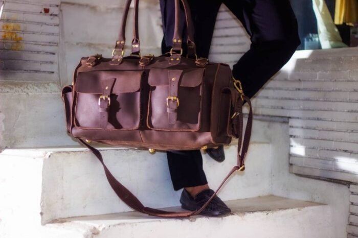 Full Grain Leather Bag with Personalized Initials - Brown Duffle Bag for Men