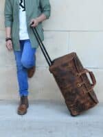Personalized Leather Duffle Trolley Bag with Wheels | Handmade Weekender Travel Bag