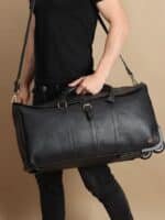 Personalized Black Leather Rolling Suitcase | Handmade Wheeled Duffle Bag