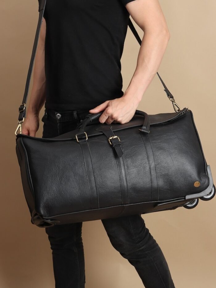 Personalized Black Leather Rolling Suitcase | Handmade Wheeled Duffle Bag