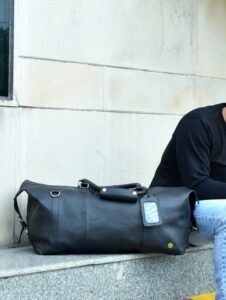 Black Leather Duffle Bag for Men - Personalized Overnight Holdall