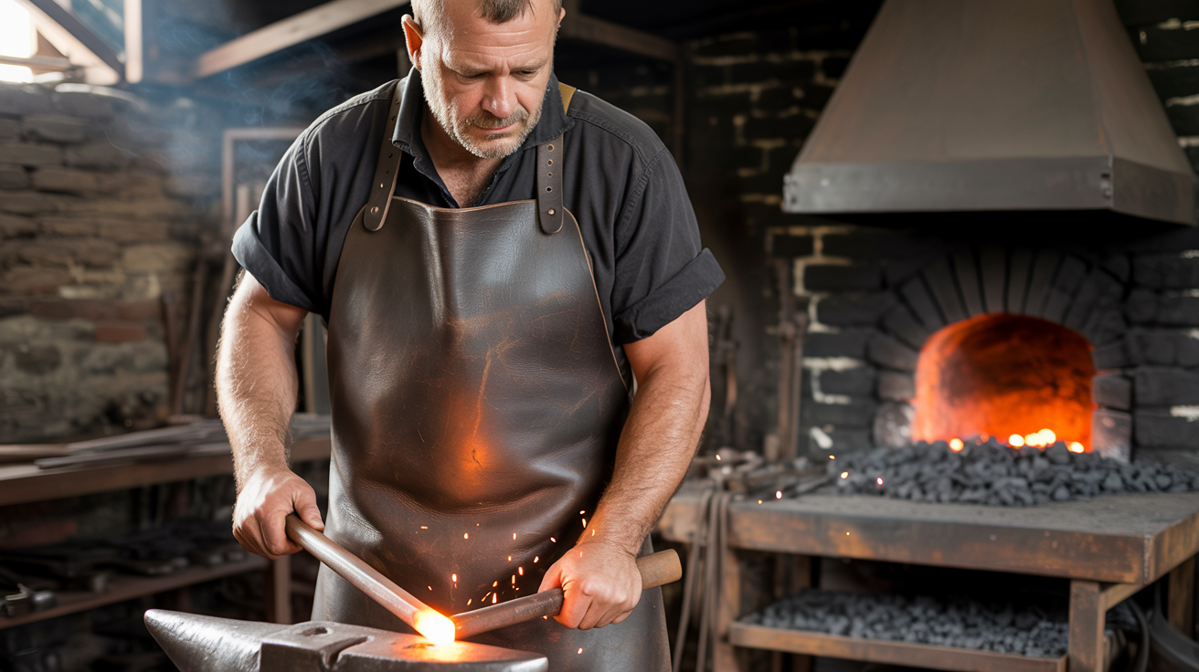 A blacksmith in a leather apron shapes hot metal on an anvil with a hammer, with a lit forge and tools visible in the background.