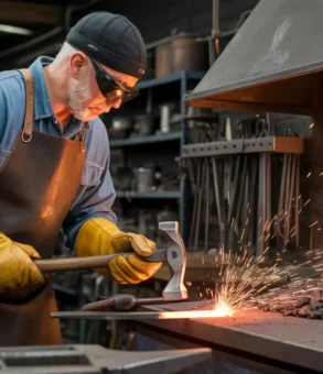 A blacksmith wearing safety gear uses a hammer to shape a heated metal piece on an anvil, with sparks flying near a lit forge in a workshop.