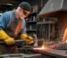 A blacksmith wearing safety gear uses a hammer to shape a heated metal piece on an anvil, with sparks flying near a lit forge in a workshop.