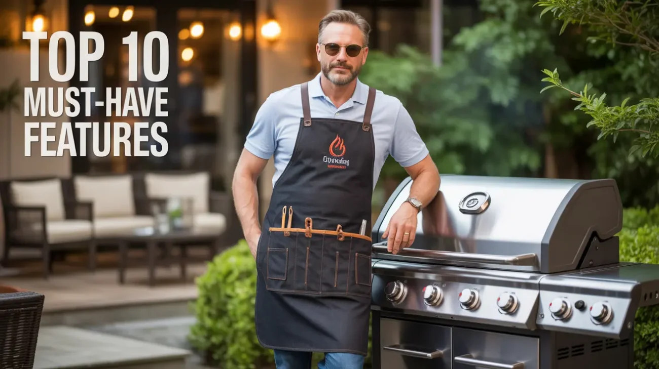Man wearing a black grilling apron with multiple tool pockets standing beside a stainless-steel gas grill on a backyard patio.