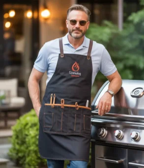 Man wearing a black grilling apron with multiple tool pockets standing beside a stainless-steel gas grill on a backyard patio.