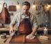 45-year-old man conditioning a brown leather barista apron on a workbench; tin of conditioner, brush and hanging tools in a warm-lit shop