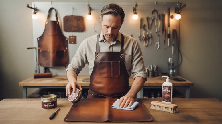 45-year-old man conditioning a brown leather barista apron on a workbench; tin of conditioner, brush and hanging tools in a warm-lit shop